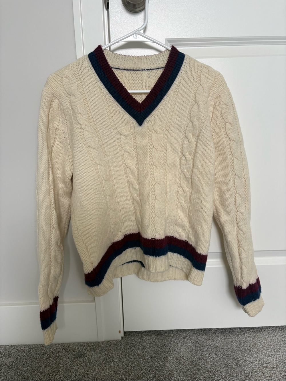 Vintage wool Cream Cable Knit V‑Neck Sweater with Navy & Burgundy Trim